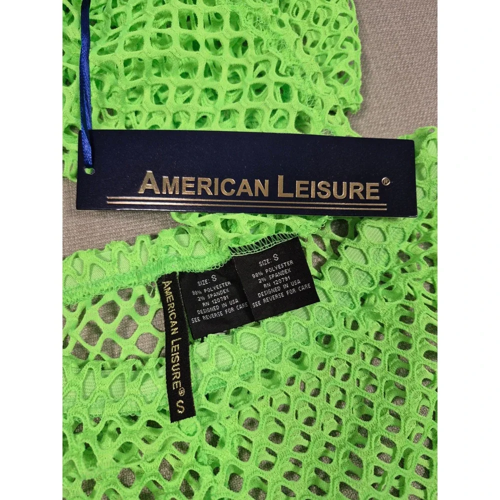 American Leisure Womens Neon Green Mesh Two Piece Set Crop Top Shorts Small NWT